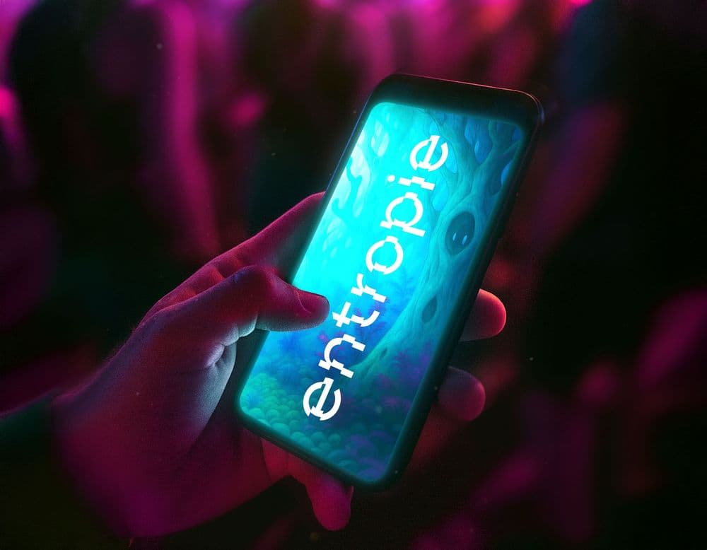 Hand hält ein Smartphone mit dem Ladescreen der entropie Festival-App vor einer Festivalmenge im Neonlicht
